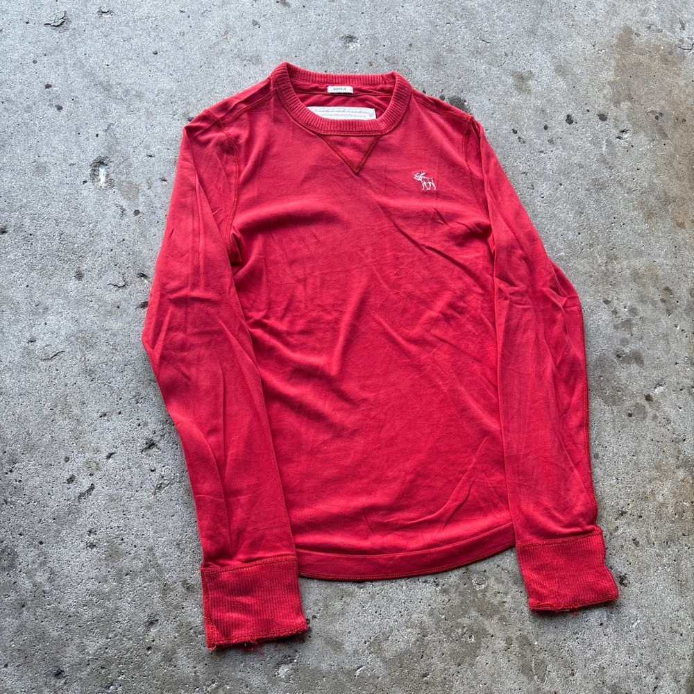 Abercrombie & Fitch Mens Small Red Muscle Fit Long Sleeve T-Shirt Moose Logo
